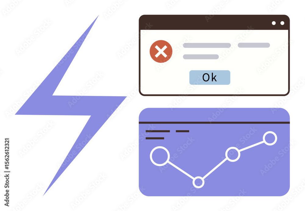 Poster error notification popup with ok button, data graph with connected points, purple lightning bolt. id