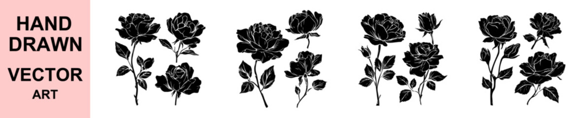 Black silhouette rose flower hand drawn vector illustration, elegant floral design for tattoos, wedding elements, botanical art prints, logos, stickers, and digital projects