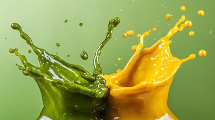 Green chili sauce and mustard colliding in mid-air, forming a powerful yellow and green splash with sharp, clean edges