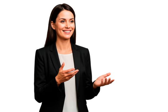 The businesswoman smiles and presents with open hands, ready to share her ideas.