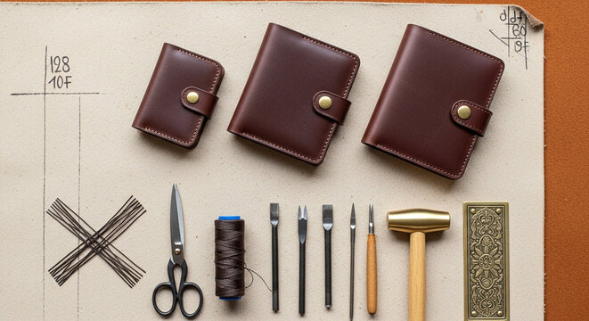 Photo of three brown leather wallets and various leather crafting tools arranged on a beige blueprint background - Powered by Adobe