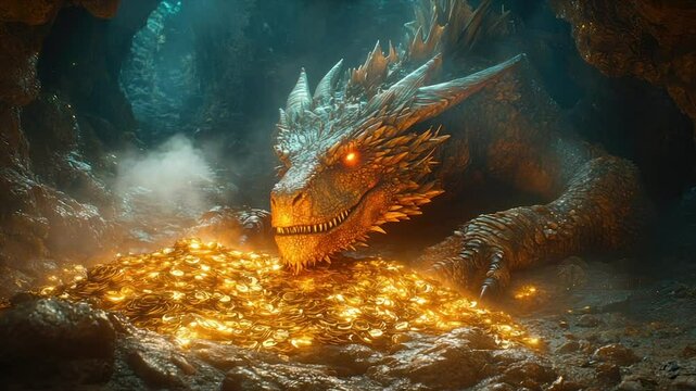 Majestic dragon guarding a hoard of gold within a mystical cave