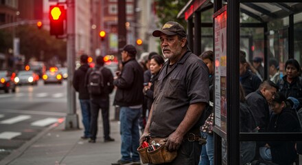 A tradesman, weathered and worn, stands patiently at a city bus stop, his tool belt a testament to his hard work.
