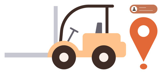 Forklift with raised fork platform and orange map pin conveys logistics, transportation, cargo handling. Ideal for logistics, transportation, shipping, inventory, supply chain, delivery