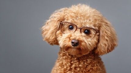 Adorable dog sporting square glasses sitting quietly on a gray backdrop with soft shadows and blank space
