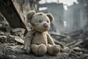 A worn teddy bear sits amidst the rubble of a destroyed building, a poignant image representing loss, childhood trauma, or the aftermath of disaster.