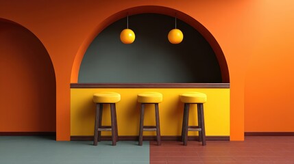 Bold creative studio rendered with abstract dcor, high stools, and muted tones, minimal design and copy space