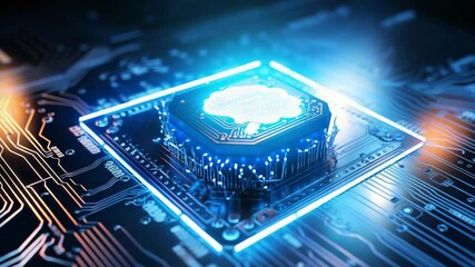 Gen-4 Turbo 3D Rendering of Artificial Intelligence hardware concept Glowing blue brain circuit on microchip on computer motherboard For big data processing - Powered by Adobe