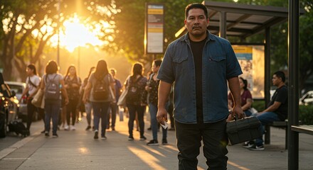 Golden hour sunlight illuminates a man carrying a toolbox as he walks past a bustling city bus stop.