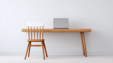 Bright workspace in a corner office with personal laptop, minimalist furniture, and copy space on walls and desk