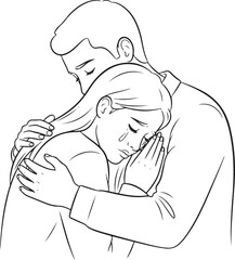  A black and white line art illustration depicting one person embracing another who is crying.