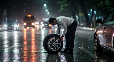 Alone in the Rain, a businessman struggles with a flat tire on a dark, rain-slicked city street, highlighting the unexpected challenges of urban life.