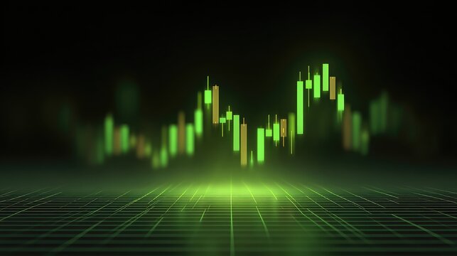 Bullish breakout graph with glowing green candles and technical signals, isolated on modern grid background