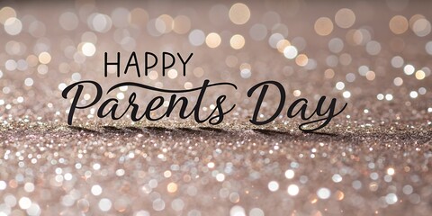 Elegant happy parents day text with soft bokeh lights on a sparkling glitter background