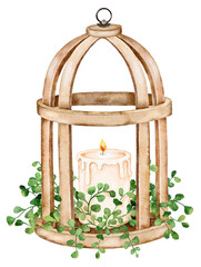 Hand painted watercolor illustration of a rustic wooden lantern with a white candle and green leaves, isolated on white. Perfect for holiday prints, packaging or greeting card design.