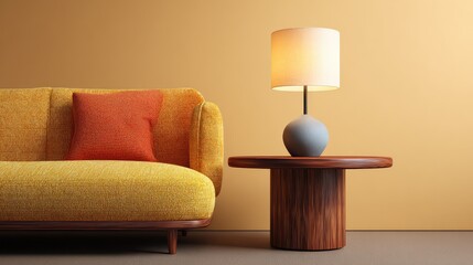 Cozy living room interior featuring round table, fabric sofa, floor lamp, and warm colors with clean copy space