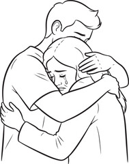  black and white line art illustration showing a person consoling another with a warm hug