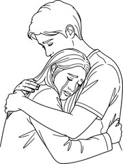  black and white line art illustration depicting one person offering comfort to another through a hug