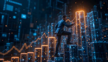 Businessman climbs virtual data columns showcasing tech growth and market leadership, a futuristic business concept illustrating ambition.