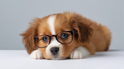 Fluffy puppy wearing trendy glasses lying on white surface, natural light and copy space around subject