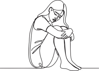 A minimalist single-line illustration of a woman seated with her arms wrapped around her drawn-up knees and her head gently bowed