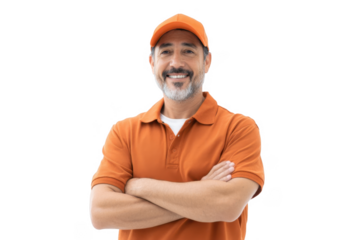 Confident male worker in an orange shirt and cap standing with arms crossed against a neutral background. showcasing professionalism and readiness for work