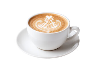 A beautifully crafted latte art in a white ceramic cup. resting on a matching saucer. showcasing intricate leaf patterns. with a clean white background emphasizing the drink's elegance