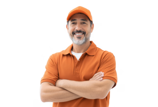 Confident male worker in an orange shirt and cap standing with arms crossed against a neutral background. showcasing professionalism and readiness for work