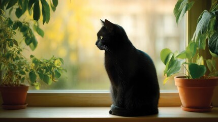 Indoor cats watching birds outside from a large window ledge in a bright living room filled with greenery