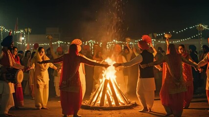 Vibrant celebration during a cultural festival with people dancing around a bonfire at night