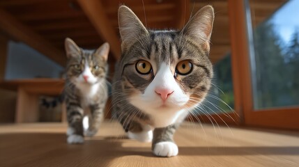 Playful cats chasing light reflections on the floor inside a modern home, natural daylight and space for copy