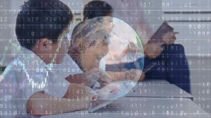 Boy tapping tablet activating globe and binary code graph, mother managing finances via smartphone - Powered by Adobe