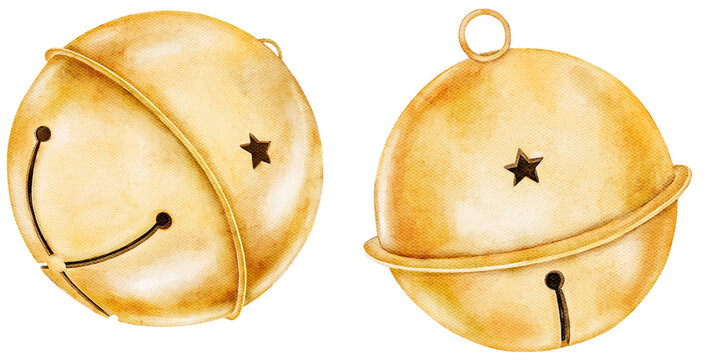 Golden Christmas jingle bells painted in watercolor with star cutouts and fine details. Isolated on white for cards, wrapping, or holiday product packaging.