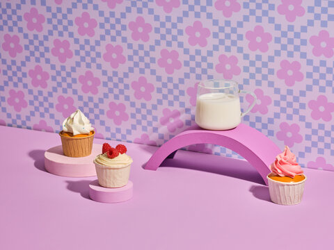 Aesthetic cupcakes with milk and a decorative arch