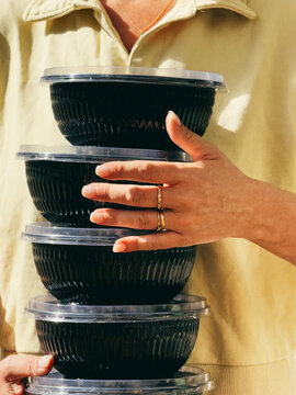 Woman with delivery food 


