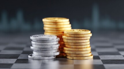 Silver and gold coin stacks set diagonally on a chessboard with futuristic stock market graph overlays in the background