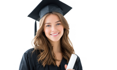 A joyful graduate wearing a black cap and gown. holding a diploma with a red ribbon. smiling brightly against a clean white background. symbolizing achievement and celebration