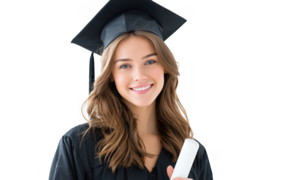 A joyful graduate wearing a black cap and gown. holding a diploma with a red ribbon. smiling brightly against a clean white background. symbolizing achievement and celebration