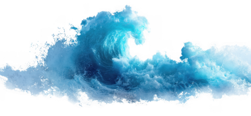 A powerful ocean wave crashing with vibrant blue and turquoise hues. creating a dramatic scene against a white background. ideal for conveying energy and nature's beauty