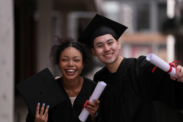 Two graduates in caps and gowns beam with joy, embracing and cheering in celebration. Their wide...