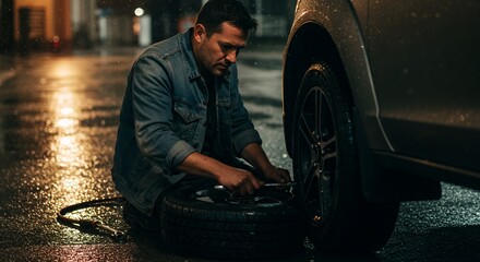 Lone man struggles with a flat tire on a rainy night, illuminated by streetlights reflecting on the wet asphalt.