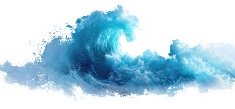 A powerful ocean wave crashing with vibrant blue and turquoise hues. creating a dramatic scene against a white background. ideal for conveying energy and nature's beauty - Powered by Adobe