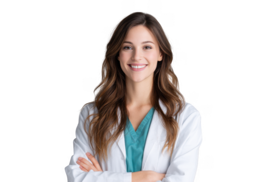 A confident healthcare professional in a white lab coat and teal scrubs smiles warmly at the camera. set against a neutral background. representing a positive medical environment