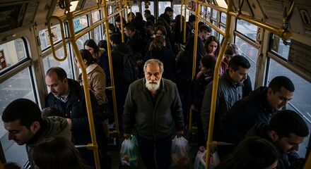 A pensive older man with a beard stands amidst a crowded public transport vehicle, his gaze fixed ahead, surrounded by fellow passengers.