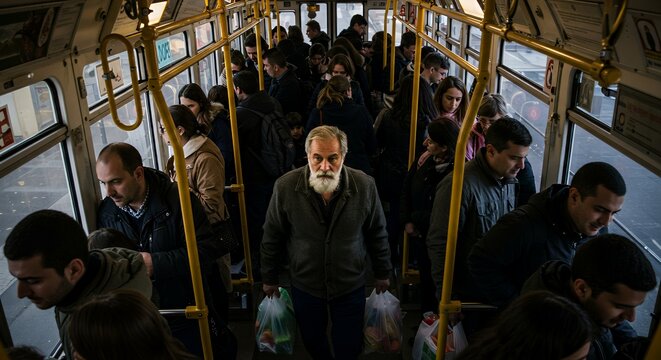 A pensive older man with a beard stands amidst a crowded public transport vehicle, his gaze fixed ahead, surrounded by fellow passengers.