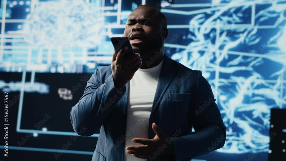 Poster young black businessman having a conversation on phone call, sharing insight on artificial intellige