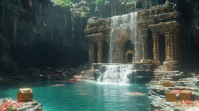 Sunlit waterfall cascades into a tranquil pool before an ancient stone temple nestled within a lush, cavernous jungle