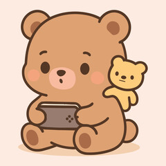 Cute Bear Looking at Phone Vector | Kawaii Animal Using Smartphone