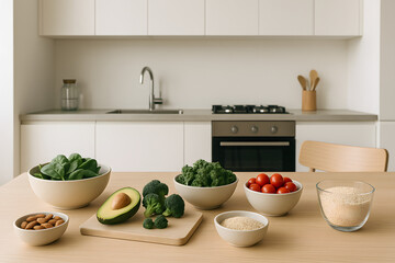 Minimalist kitchen with healthy food ingredients on the table, natural light, modern lifestyle vibe, editorial style