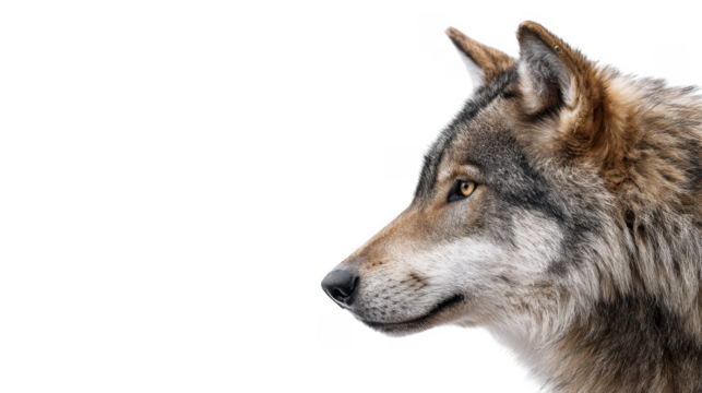 A majestic gray wolf stands gracefully against a snowy white backdrop. showcasing its striking features and alert expression. symbolizing the beauty of wildlife in its natural habitat